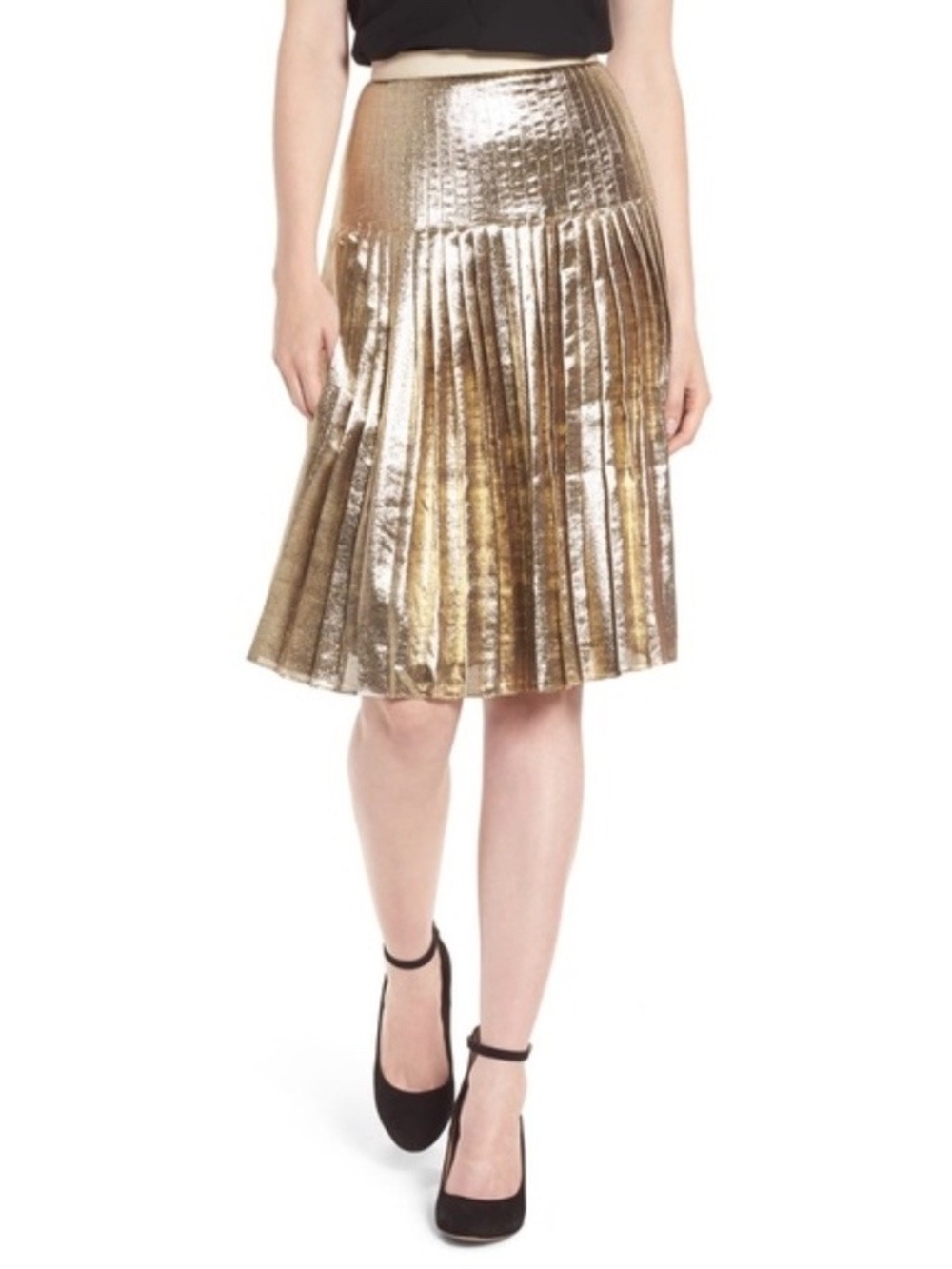 Lewit Gold Metallic Pleated Silk Skirt Mob Wife Y2K Maximalism Luxury Party